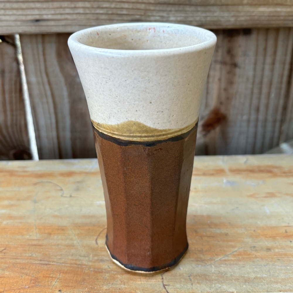 Pottery Wheel Thrown Pottery Two Tone Brown & Cream Glazed Faceted Tumbler